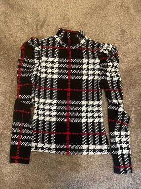 SHEIN Black White & Red Plaid Mock Neck Top